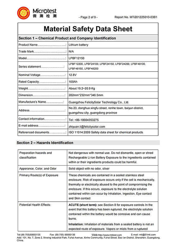 Serie LPBF, MSDS